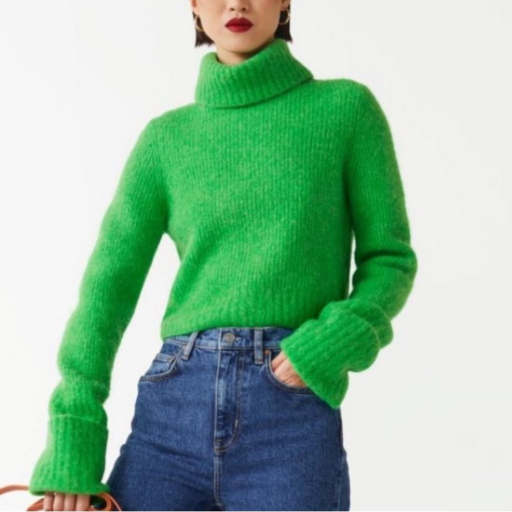 & Other Stories Fold-Up Cuff Turtleneck green Sweater Alpaca Wool blend Sz‎ S